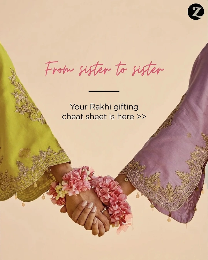 Raksha Bandhan creative ad: Two sisters holding hands in embroidered sleeves