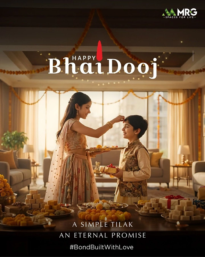 Bhai Dooj creative ad: Sister applying tilak to younger brother in a luxury living room