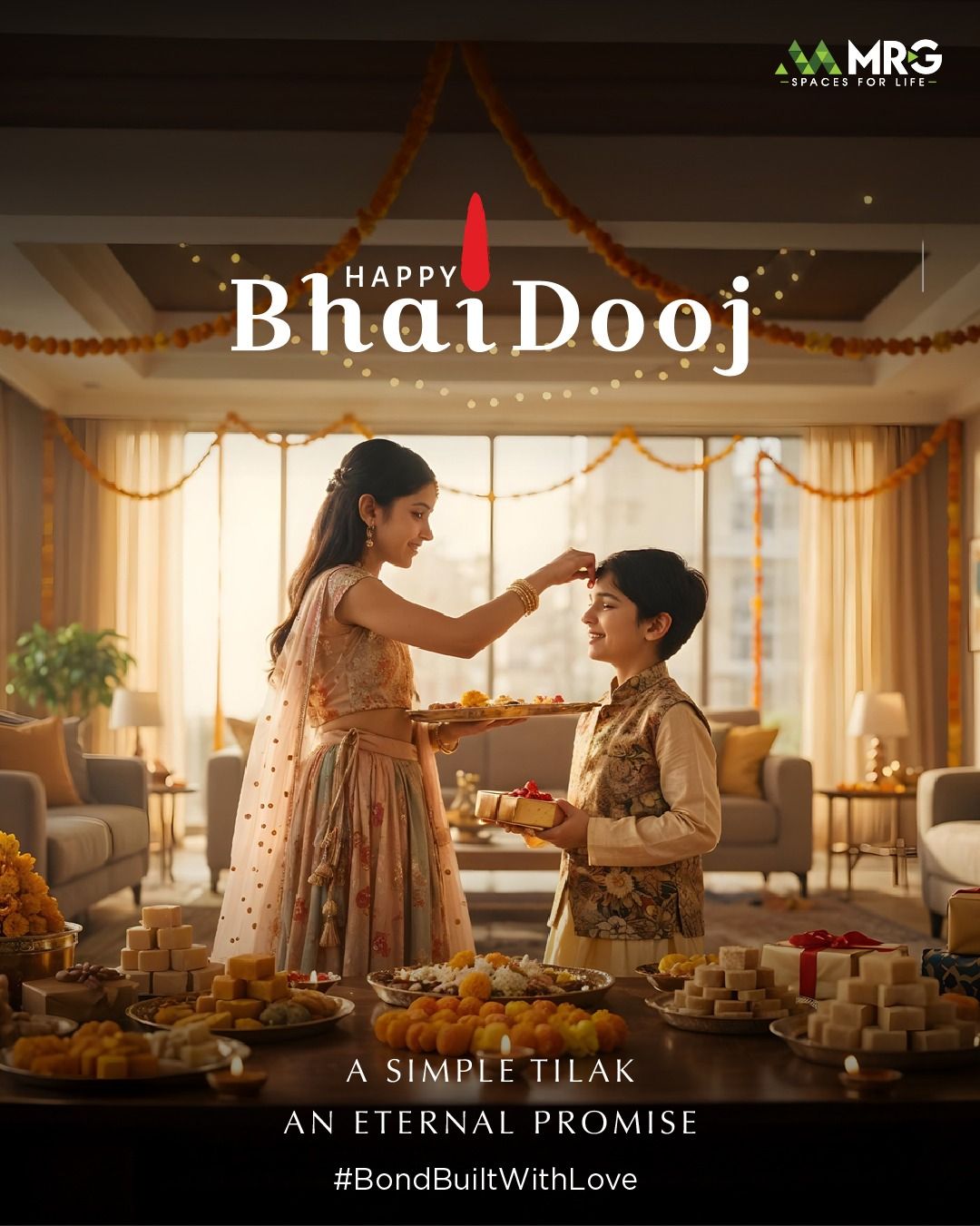 Sister applying tilak to younger brother in a luxury living room