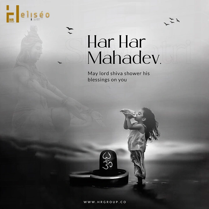 other-festival creative ad: Little girl blowing a conch beside a shivling, with a ghostly Shiva