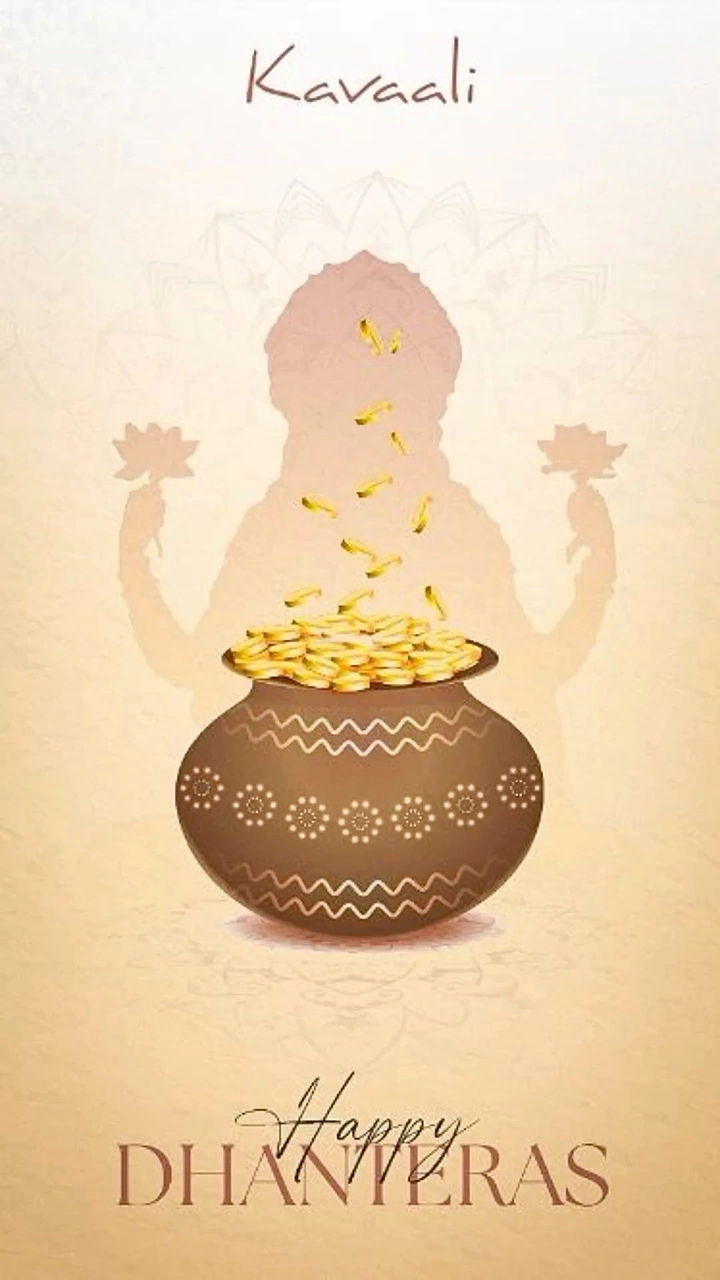 Dhanteras creative ad: Brown decorated pot overflowing with falling gold coins before a Lakshmi silhouette