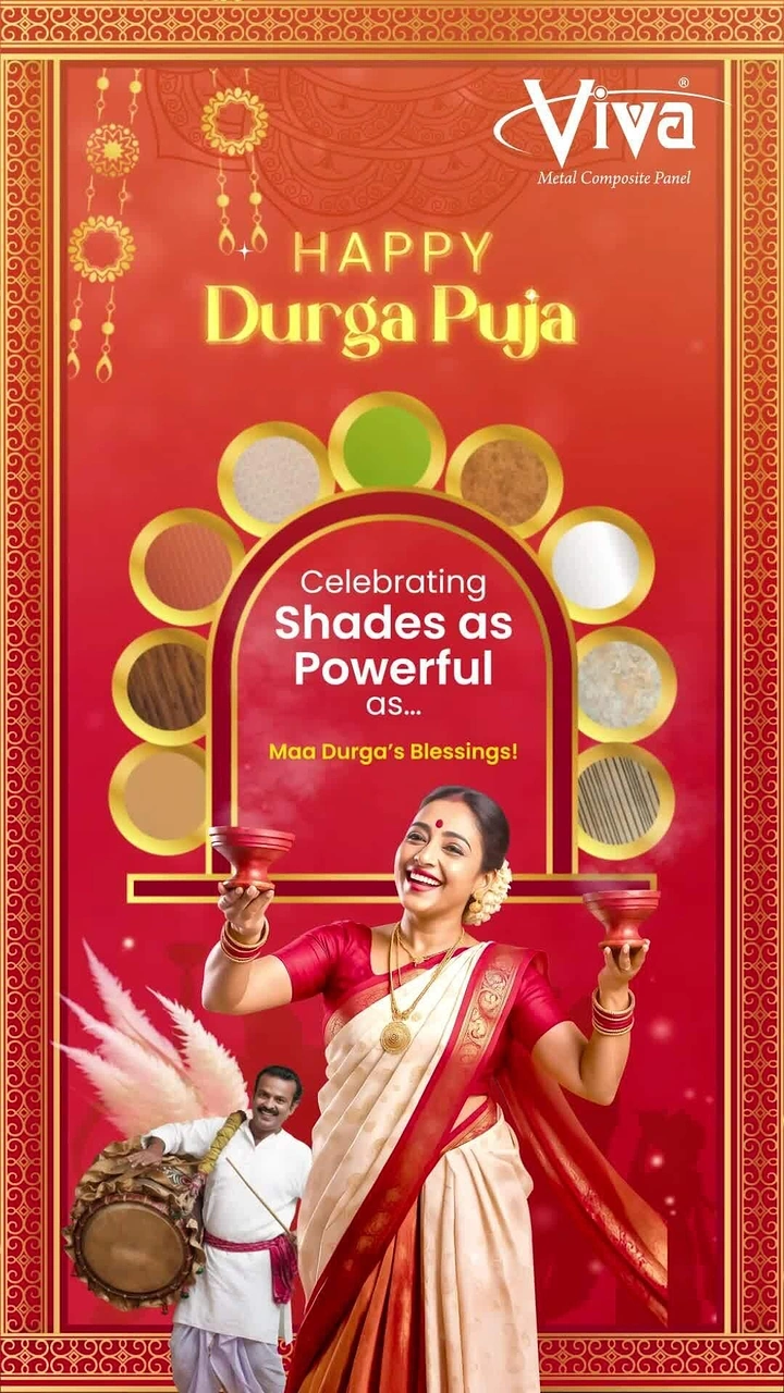 Durga Puja creative ad: Smiling Bengali woman in red-border saree doing dhunuchi dance