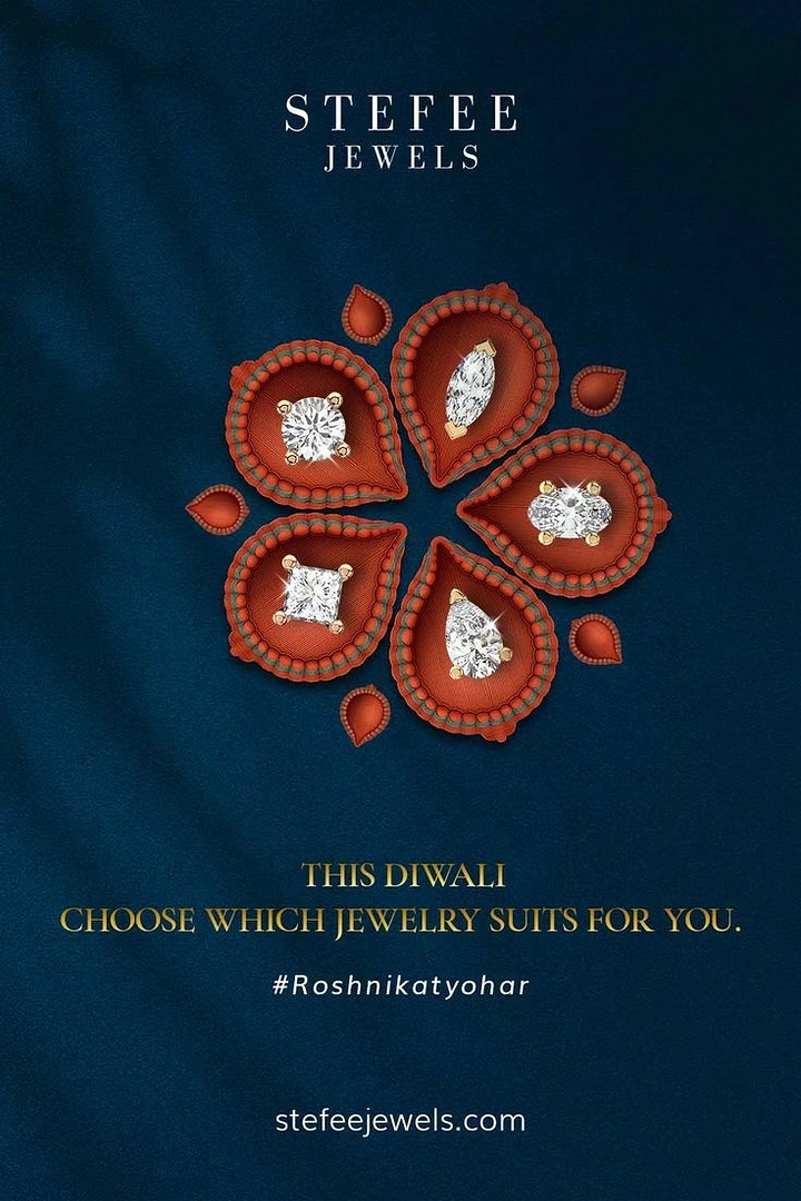 Diwali creative ad: Five diya-shaped petals each holding a different cut diamond