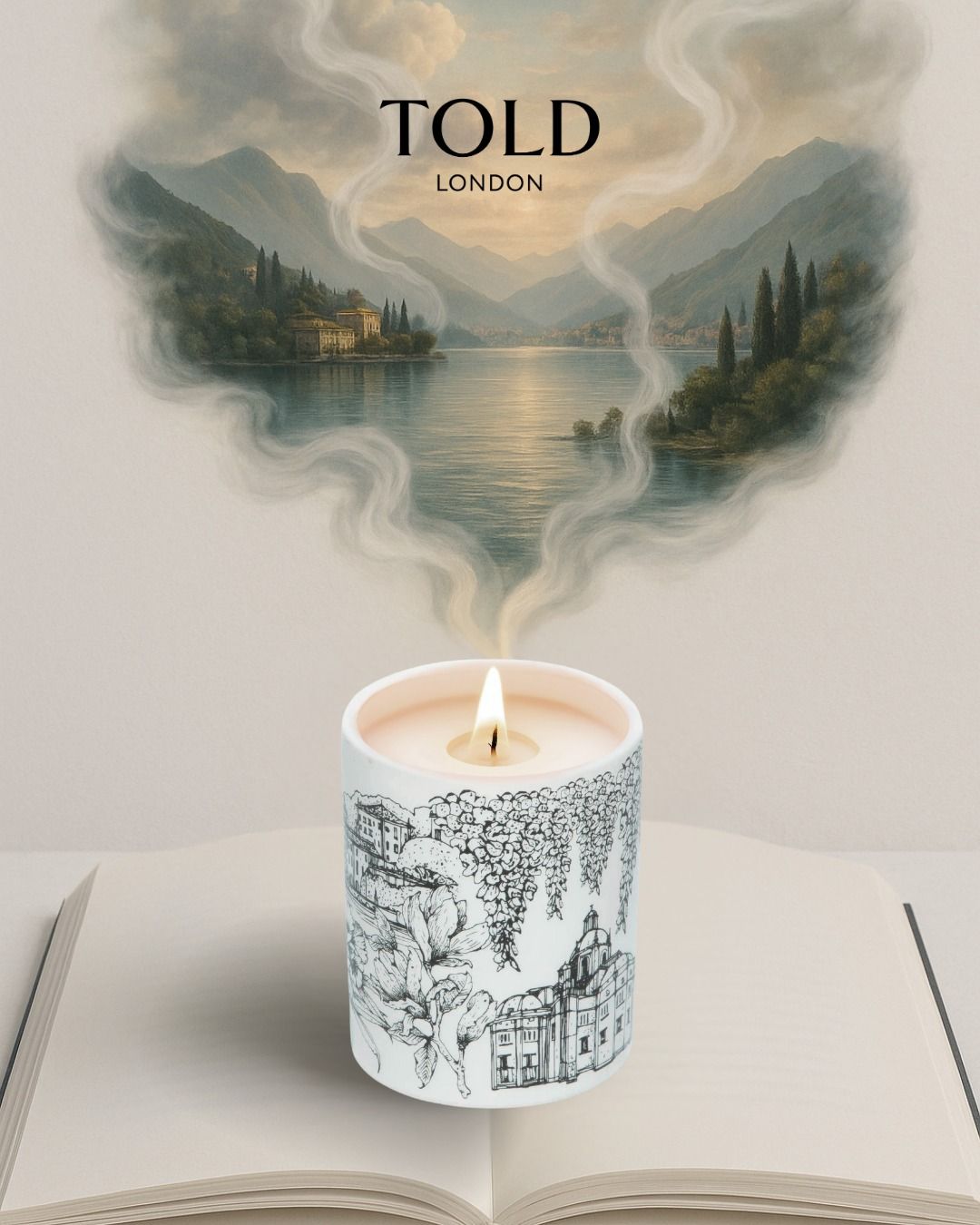 Instagram post: Lit illustrated candle whose smoke forms an Italian lake scene