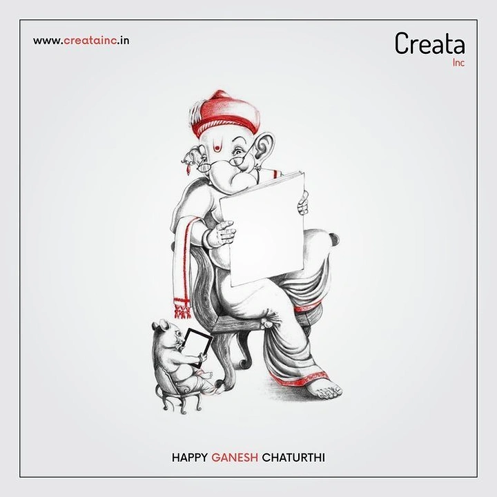 Ganesh Chaturthi creative ad: Sketched Ganesha reading newspaper, mouse on tablet