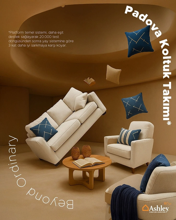 Creative ad: A cream sofa and navy cushions floating in a curved tan room