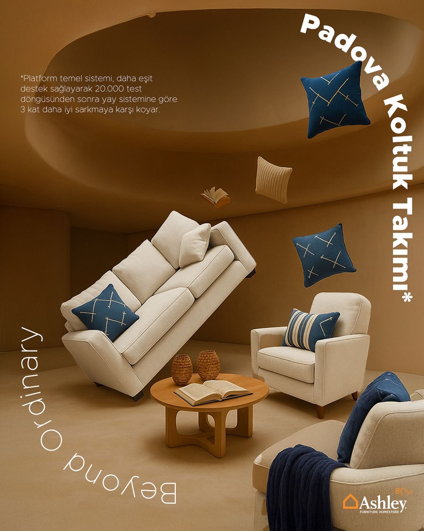 Instagram post: A cream sofa and navy cushions floating in a curved tan room