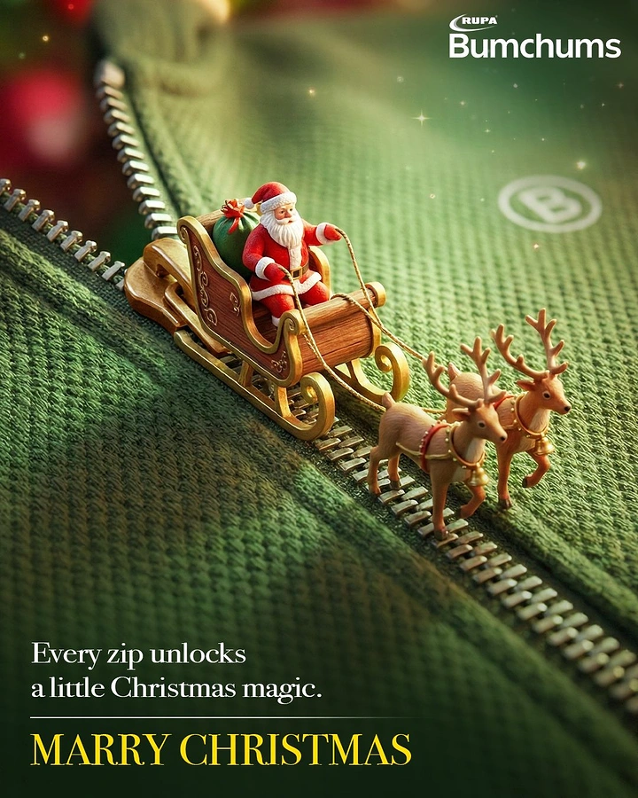 Christmas creative ad: Miniature Santa sleigh riding a zipper on green knit fabric