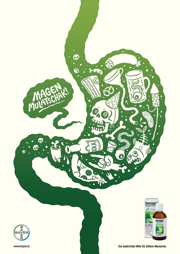Creative ad: Green stomach silhouette filled with hand-drawn party debris doodles