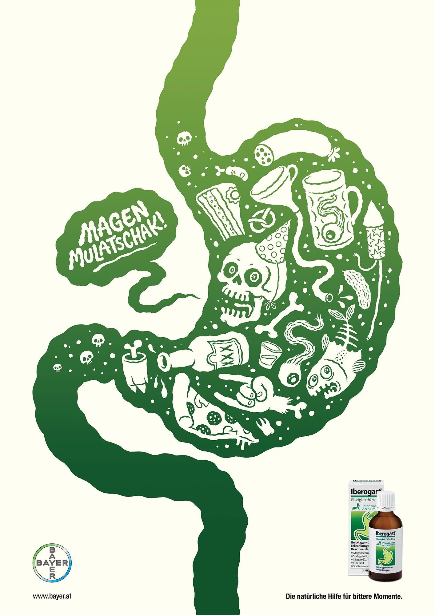 Poster: Green stomach silhouette filled with hand-drawn party debris doodles