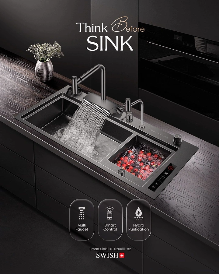 Home Renovation & Remodeling creative ad: Luxury smart kitchen sink with multiple faucets and water features