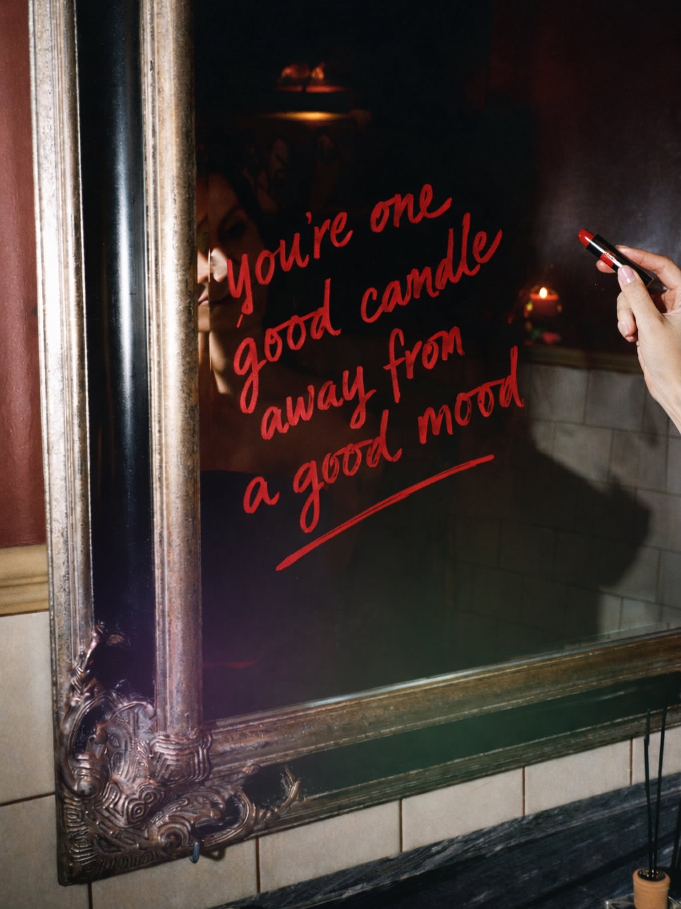 Instagram post: Lipstick mirror copy, witty mood line