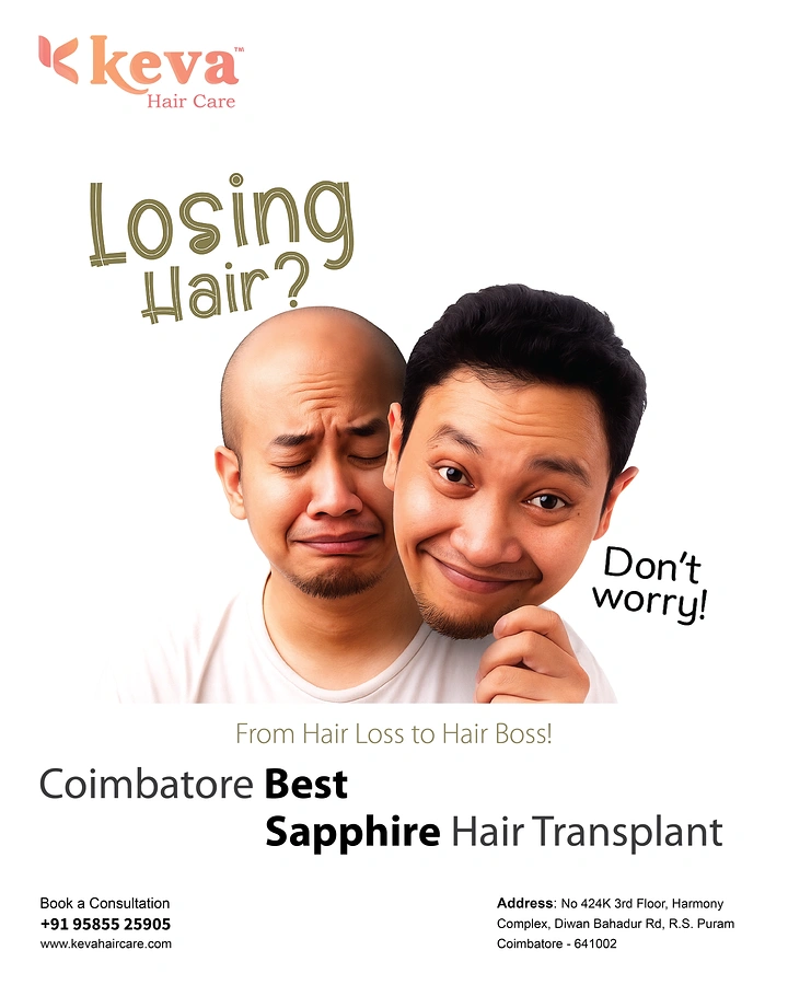 Hair Transplant & Hair Clinics creative ad: Bald twin hugging haired self, witty