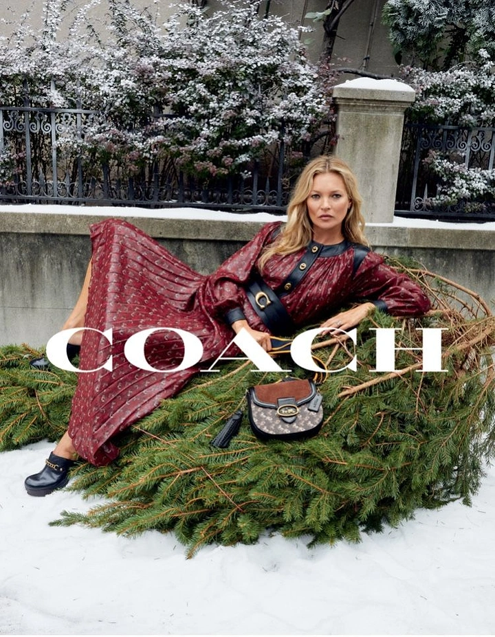 Christmas creative ad: Model reclining on a fallen fir tree in snow with a handbag