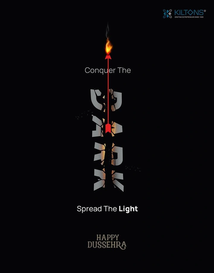 Dussehra creative ad: Flaming red arrow piercing the shattered word DARK