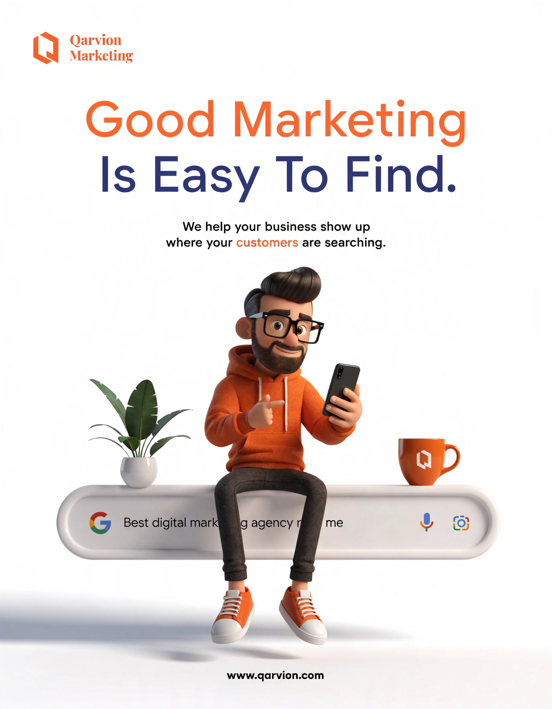 3D character sitting on search bar