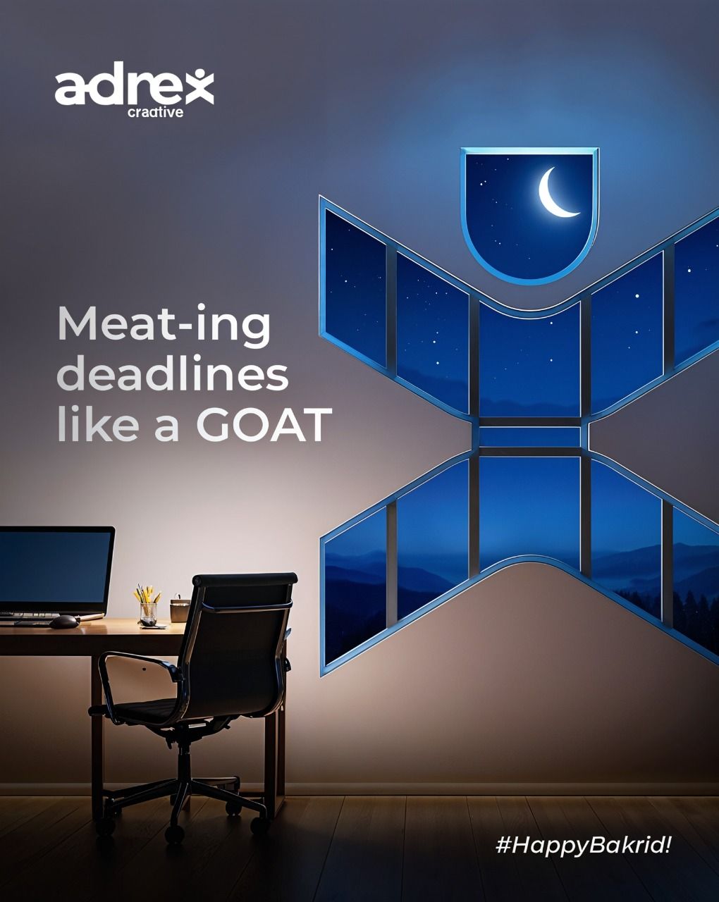 Dark office wall with brand-logo-shaped window showing crescent moon night sky