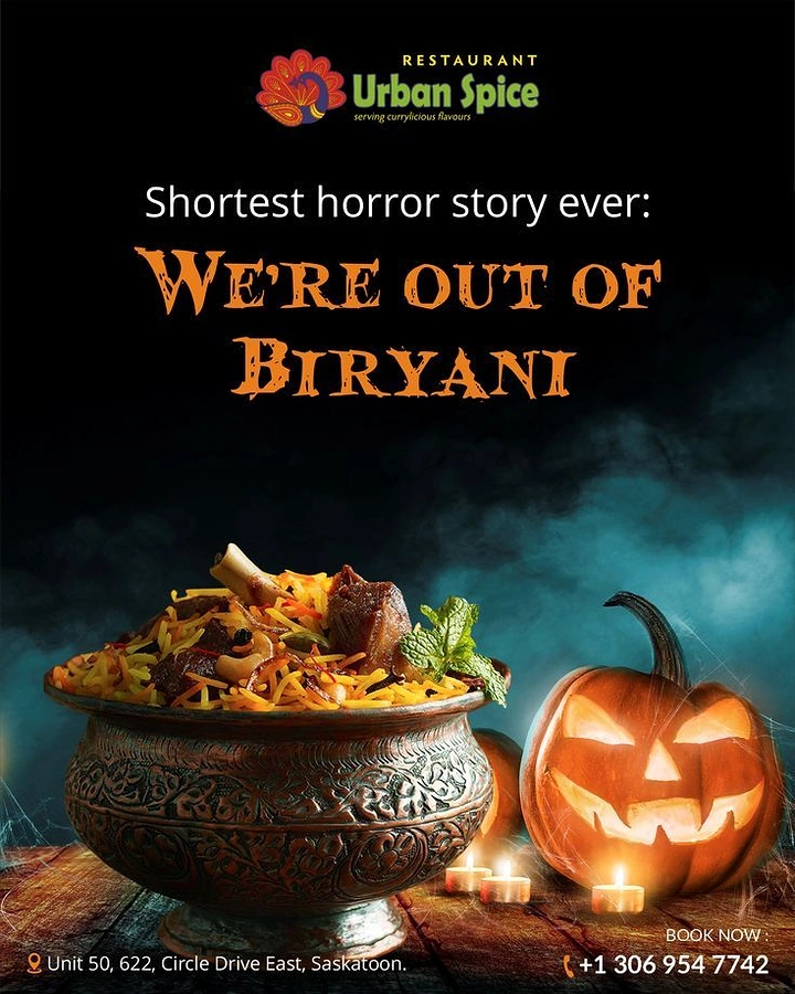 Halloween creative ad: Mutton biryani in an engraved copper pot beside a glowing jack-o'-lantern