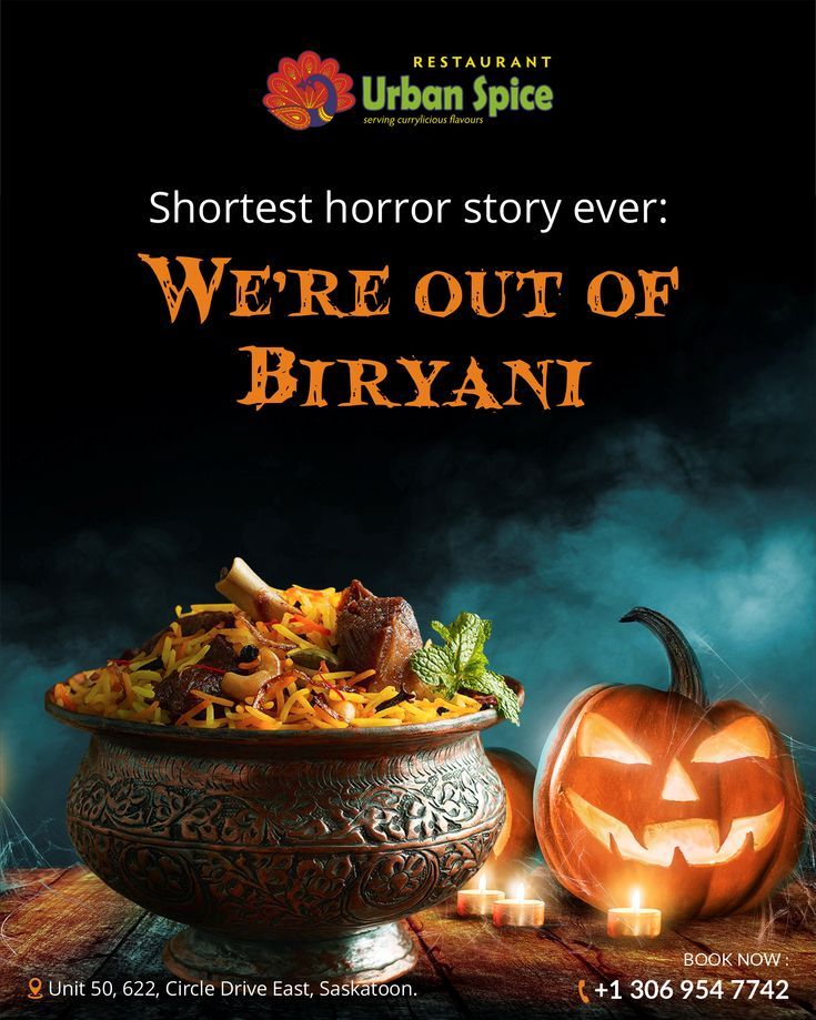 Halloween Instagram post: Mutton biryani in an engraved copper pot beside a glowing jack-o'-lantern
