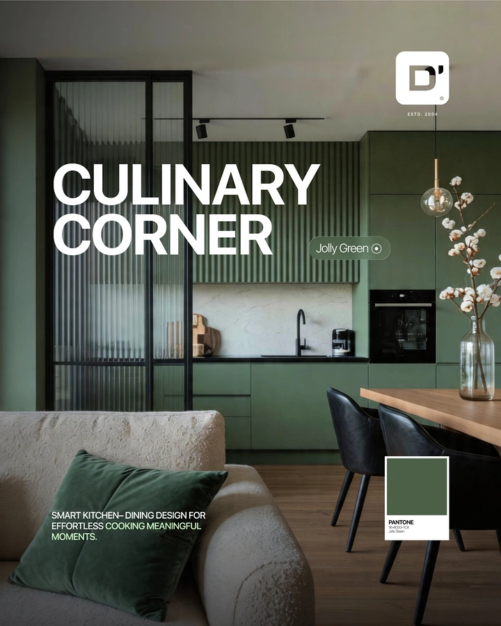 Modular Kitchens creative ad: Green kitchen-dining interior
