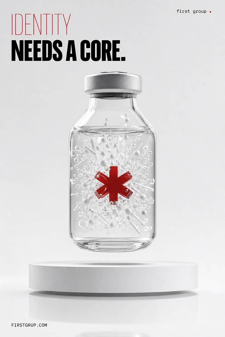 Creative ad: Floating glass vial with a red asterisk core