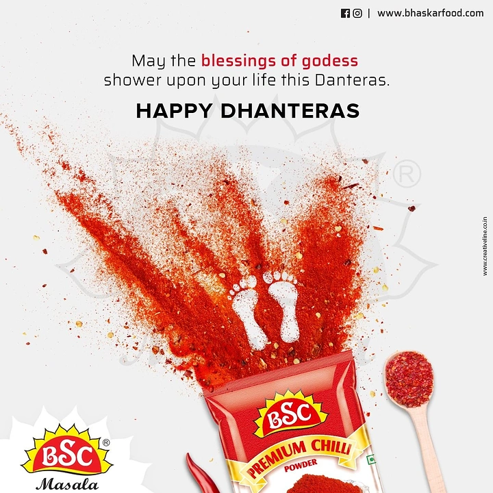 Dhanteras creative ad: Red chilli powder bursting from a spice packet, with goddess footprints imprinted in it