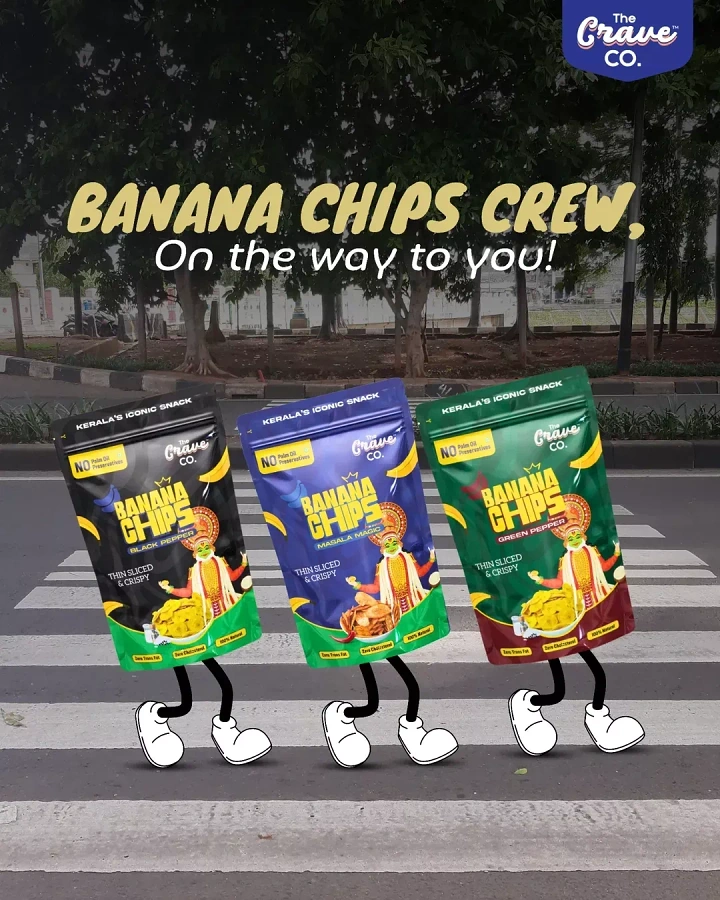 Snacks & Namkeen Brands creative ad: Packs walk crosswalk, Abbey Road nod