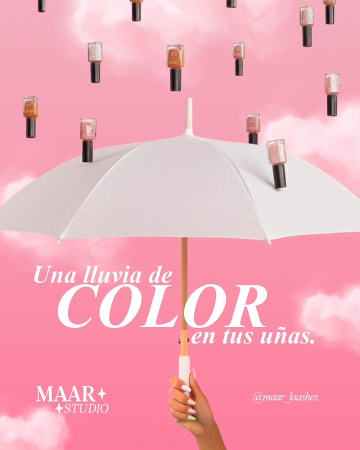 Nail Salons creative ad: White umbrella under a rain of nail polish bottles