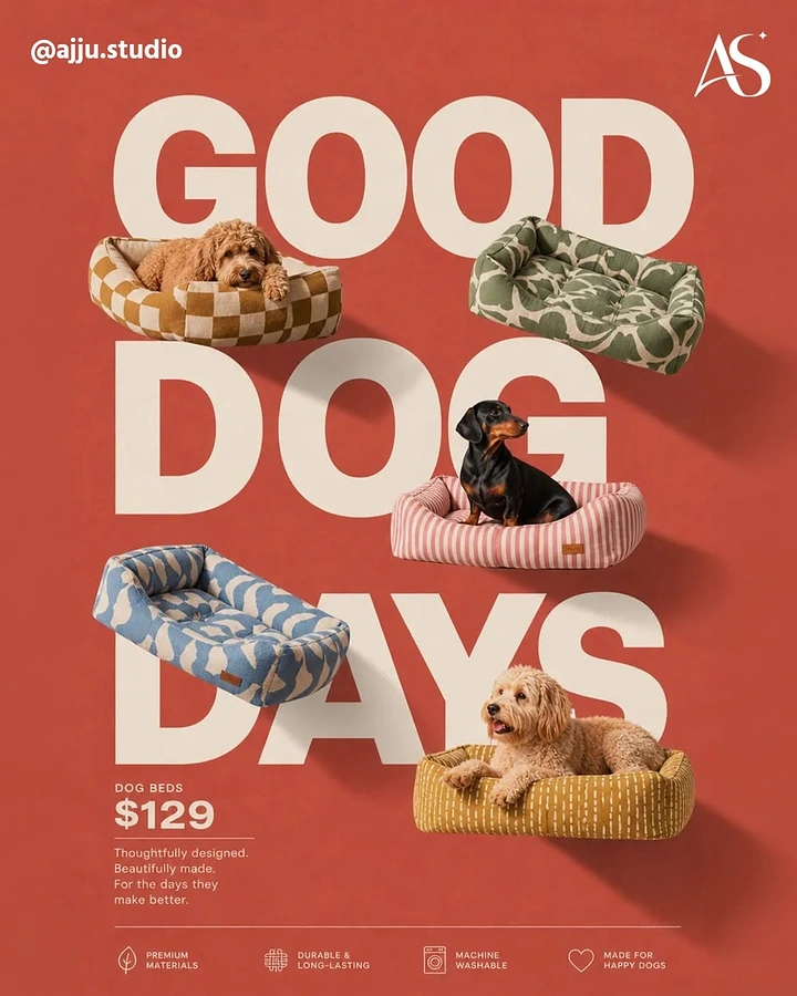 Ecommerce creative ad: Patterned dog beds with dogs floating over giant type