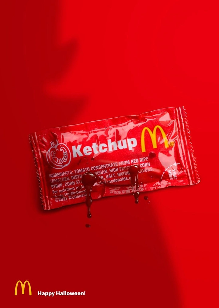 Halloween creative ad: Ketchup sachet with vampire bite marks dripping