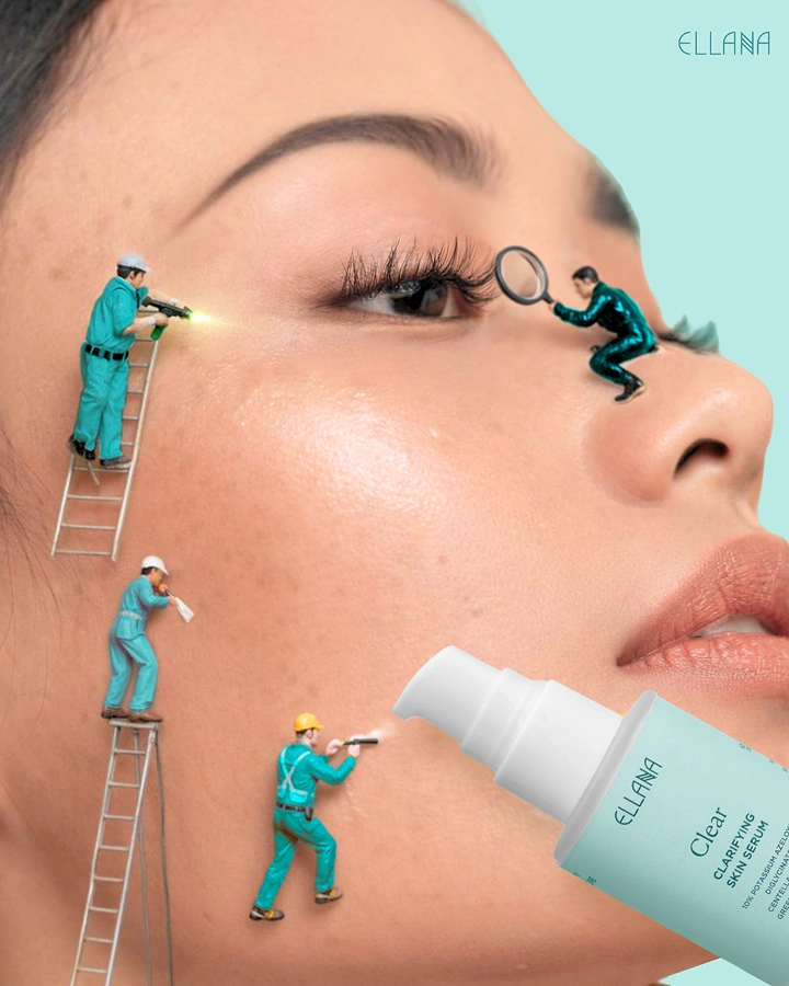 Skincare & Cosmetics creative ad: Miniature workers on ladders cleaning and inspecting a woman's close-up facial skin