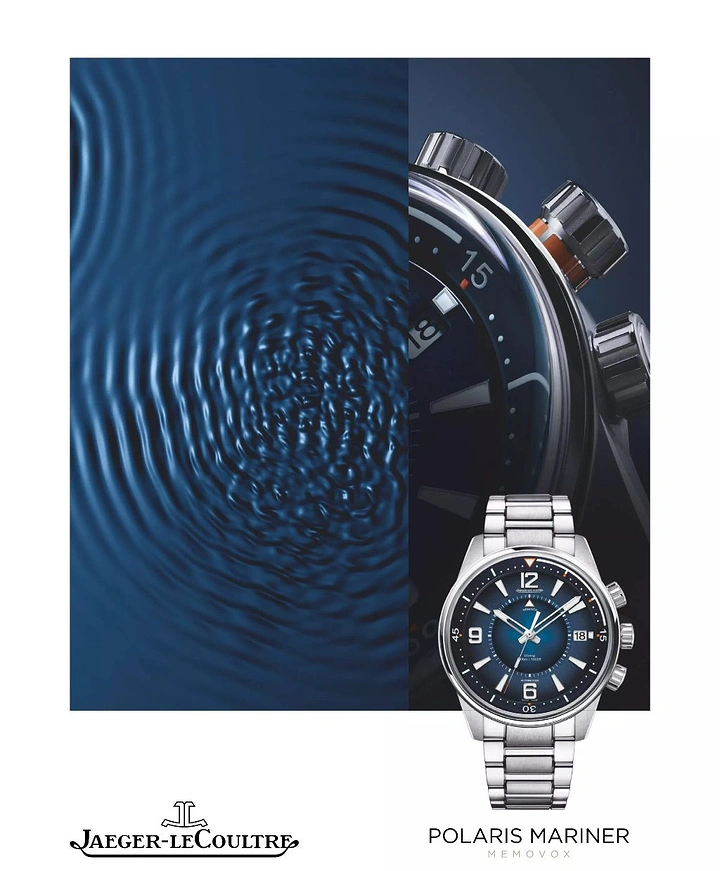 Creative ad: Steel dive watch with blue dial beside water ripples and a macro crown close-up