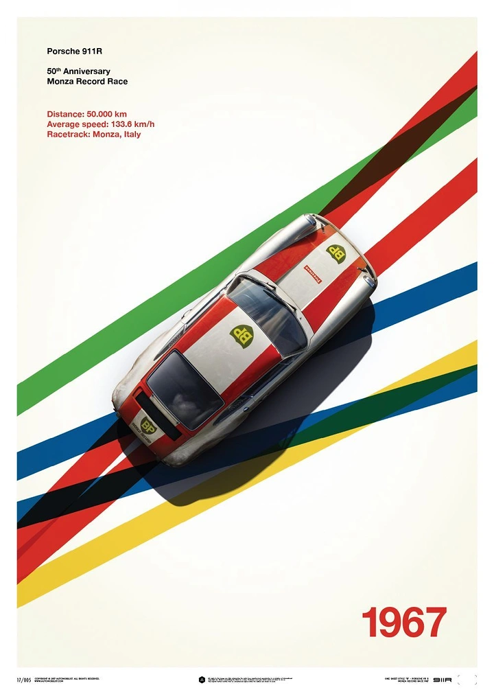 Print-on-Demand & Merch creative ad: Top-down vintage race car on diagonal stripes