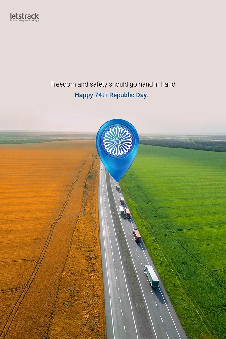 Republic Day creative ad: Aerial highway between saffron and green fields with a chakra map pin