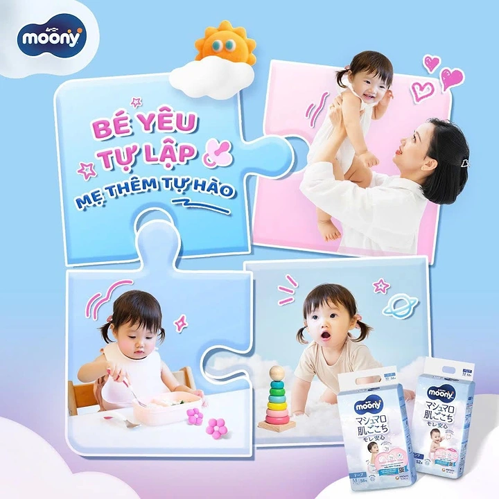 Baby Care Products creative ad: Puzzle-piece photo collage of a toddler eating, playing and being lifted by her mother