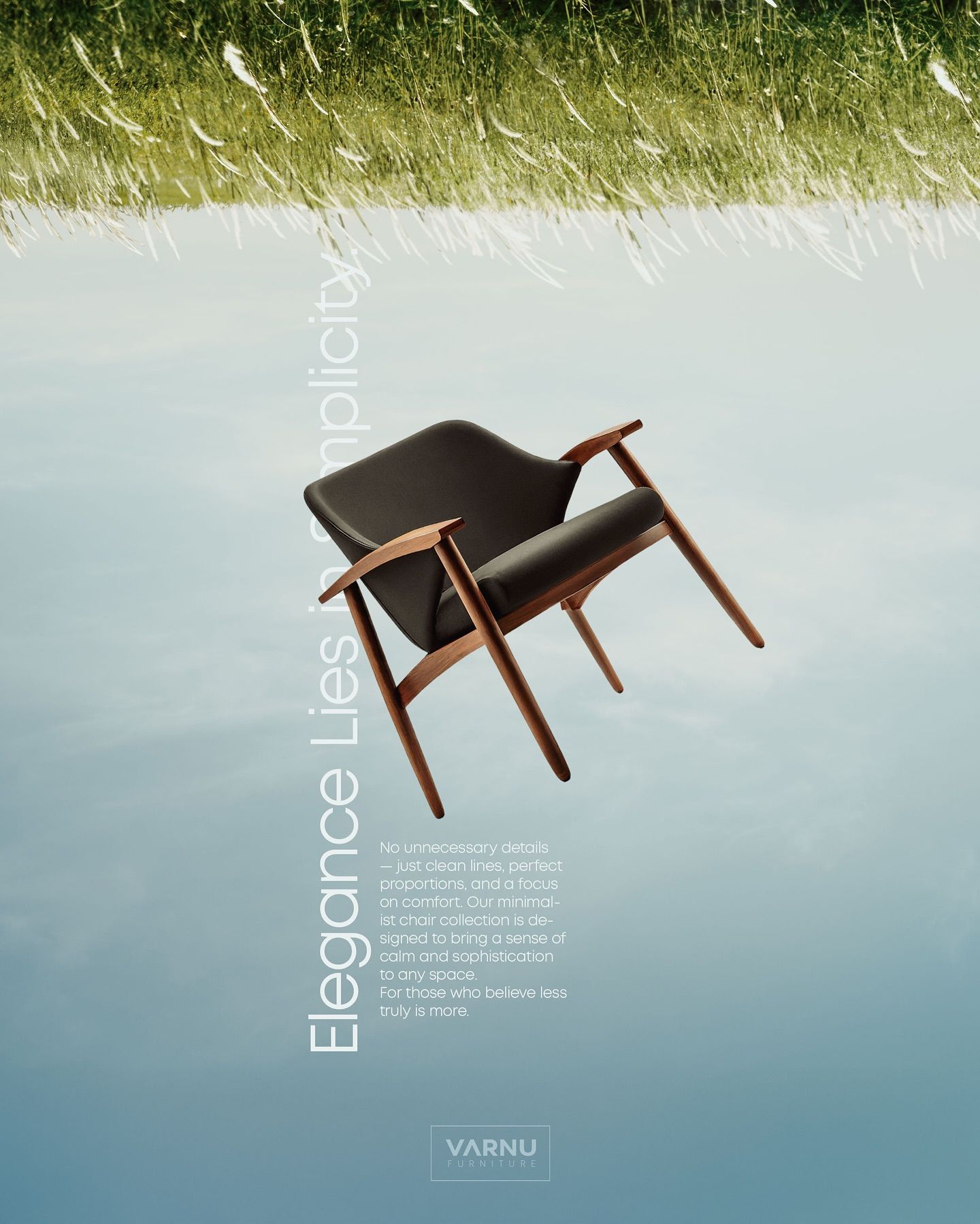 Instagram post: Floating mid-century lounge chair against an inverted sky