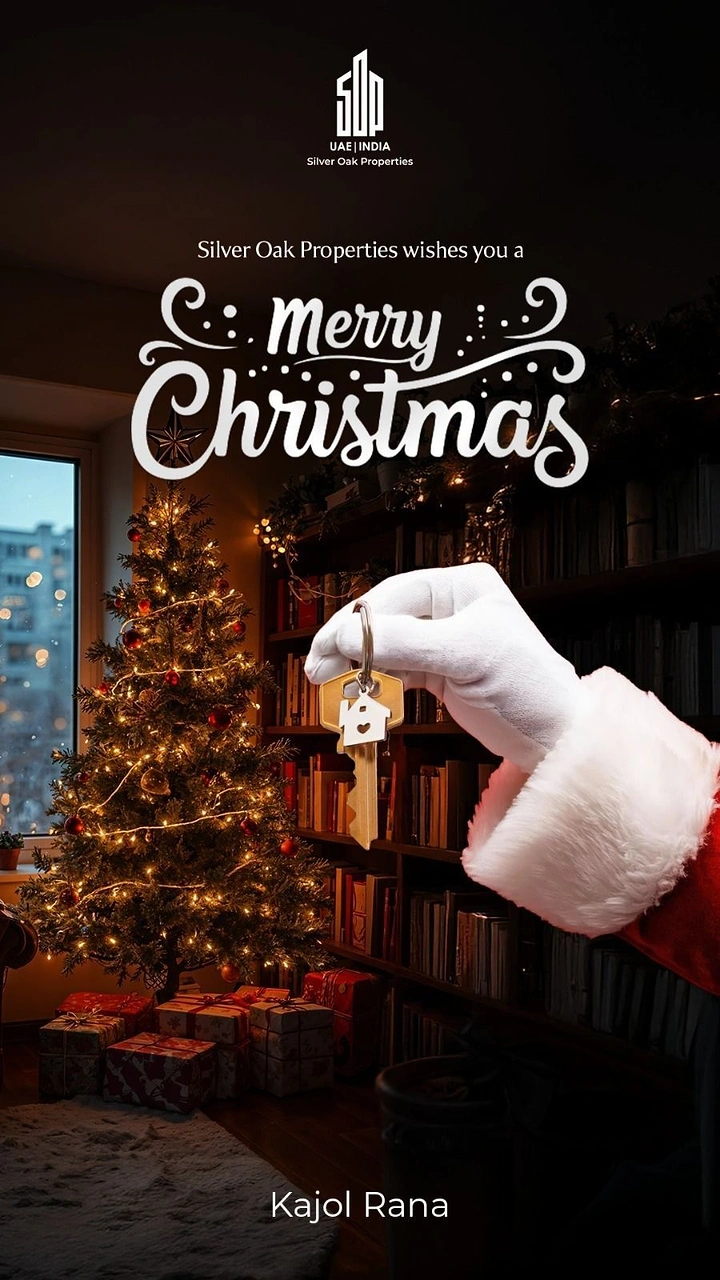 Christmas creative ad: Santa's gloved hand holding a house keychain in a cozy lit living room
