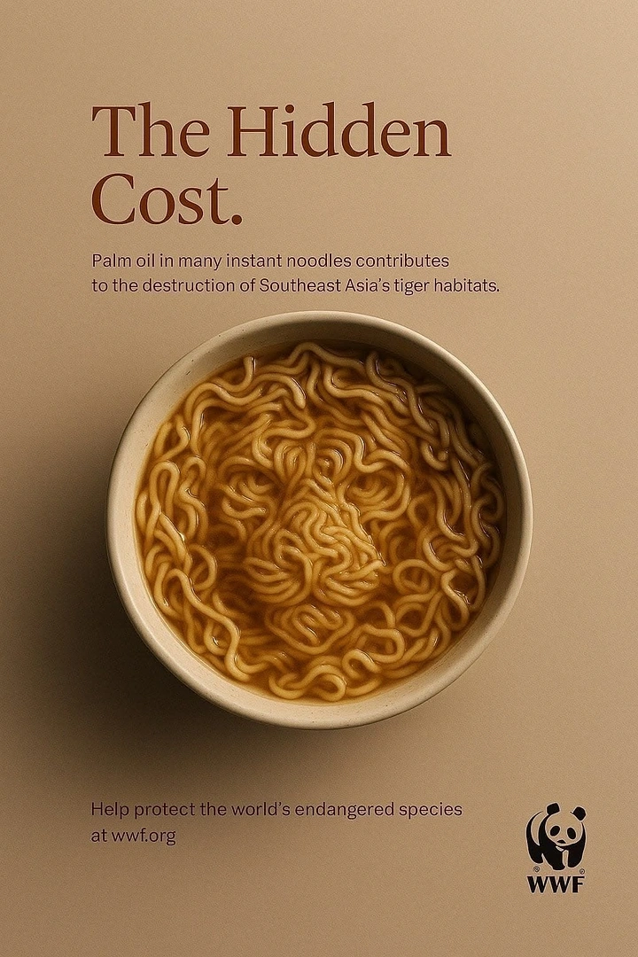 Creative ad: Top-down bowl of instant noodles forming a tiger's face