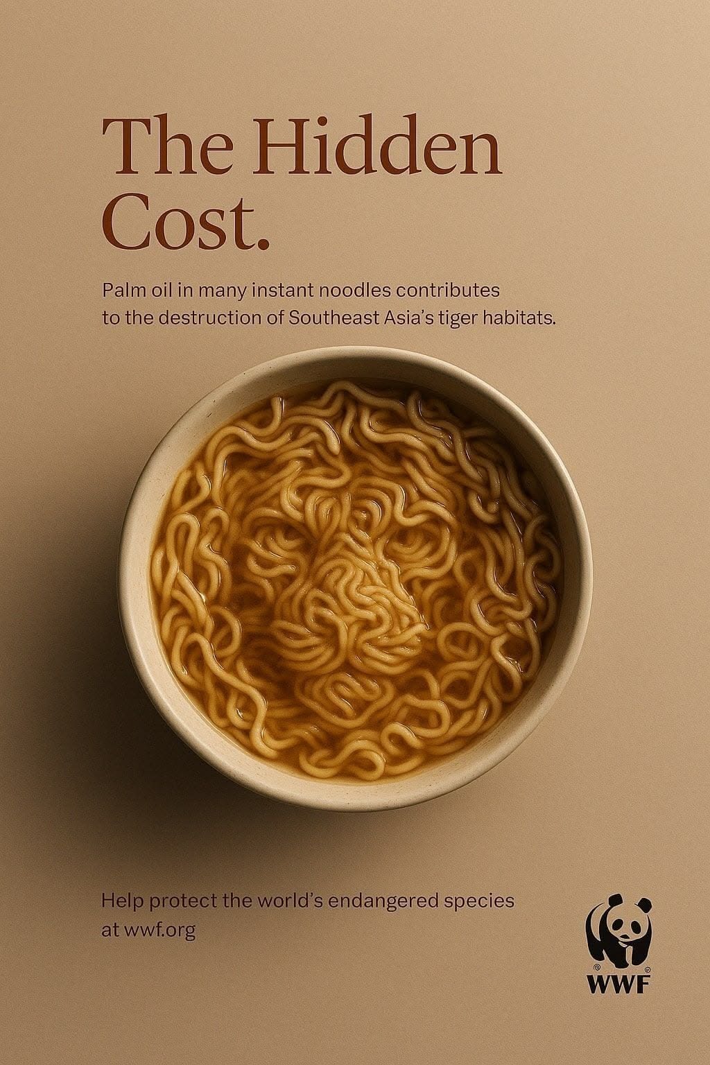 Poster: Top-down bowl of instant noodles forming a tiger's face