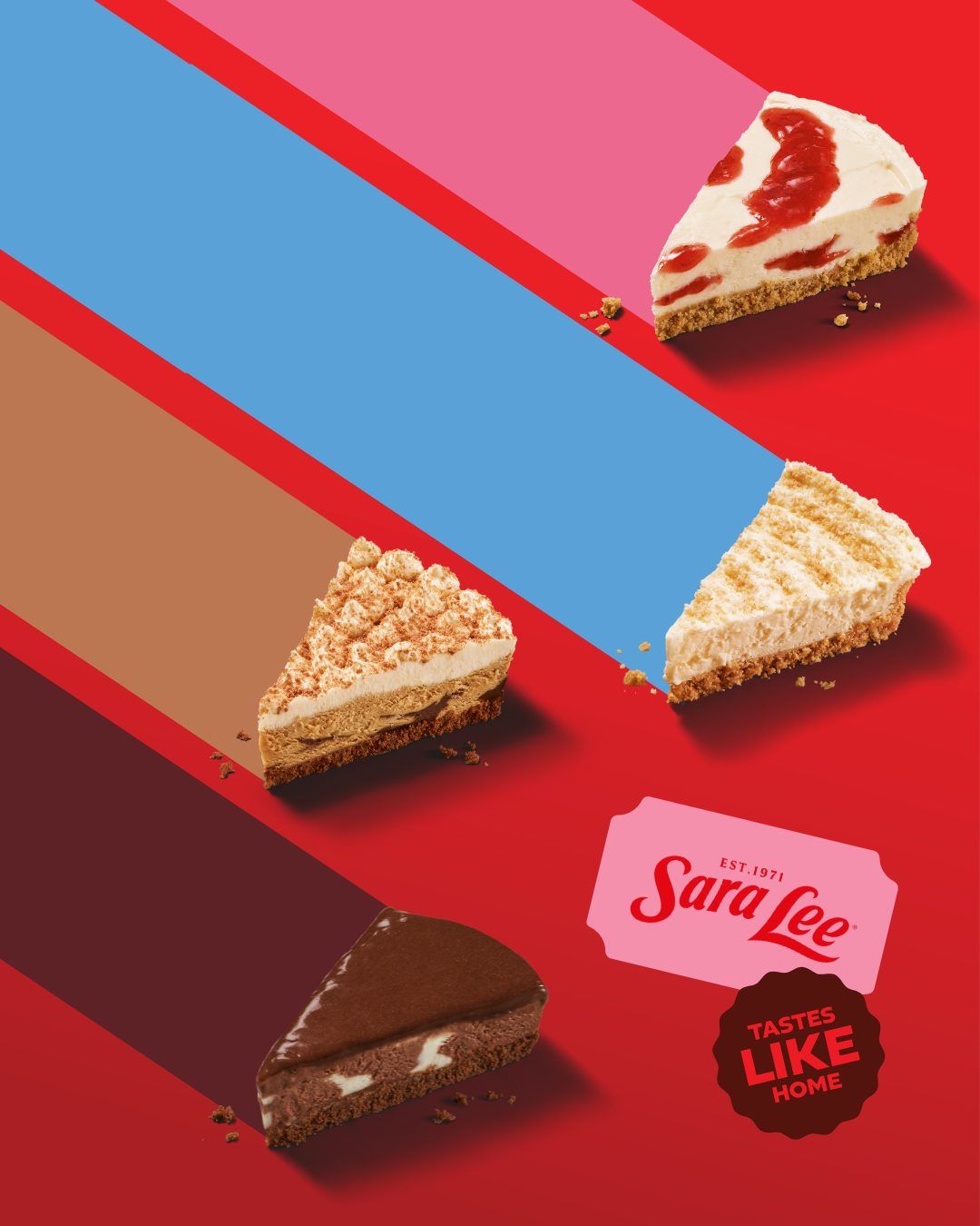 Instagram post: Four cheesecake slices trailing colour-matched diagonal stripes