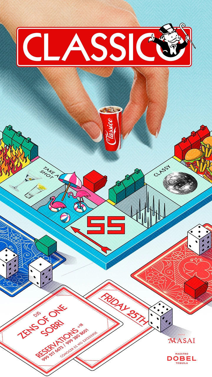 Board Games & Game Cafes creative ad: Illustrated classic-game world with playful staging