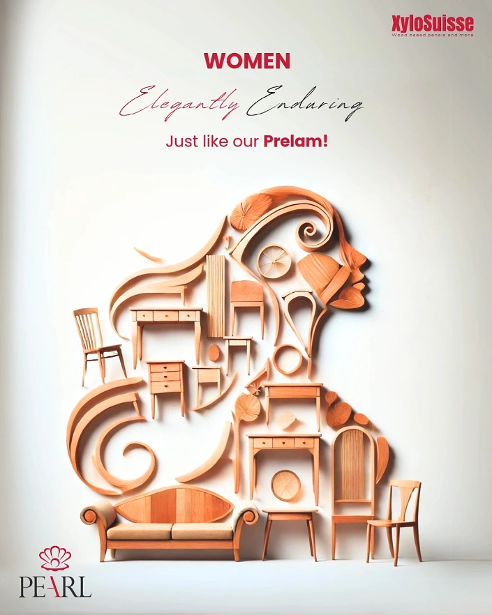 Women's Day creative ad: Woman's profile assembled from wooden furniture pieces