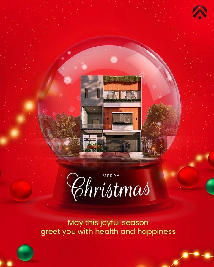 Christmas creative ad: Modern townhouse render inside a snow globe