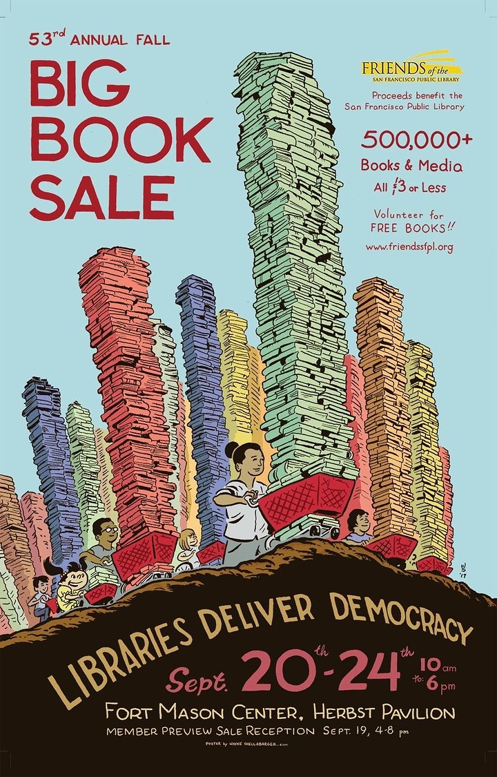 Bookstores creative ad: Book-stack skyscrapers city illustration poster