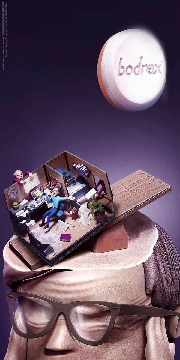 Pain Relief Brands creative ad: Surreal Bodrex head-world composition
