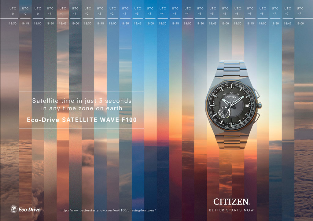 Banner: Titanium satellite-synced watch floating over a sunset sky cut into vertical strips