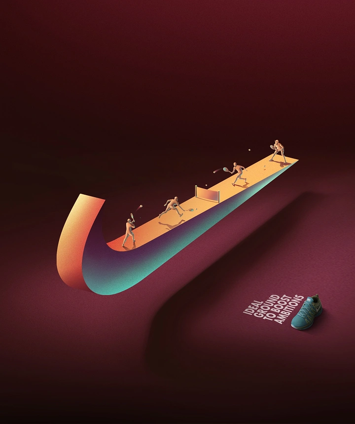 Activewear & Gym Wear creative ad: Giant swoosh-shaped ribbon serving as a tennis court