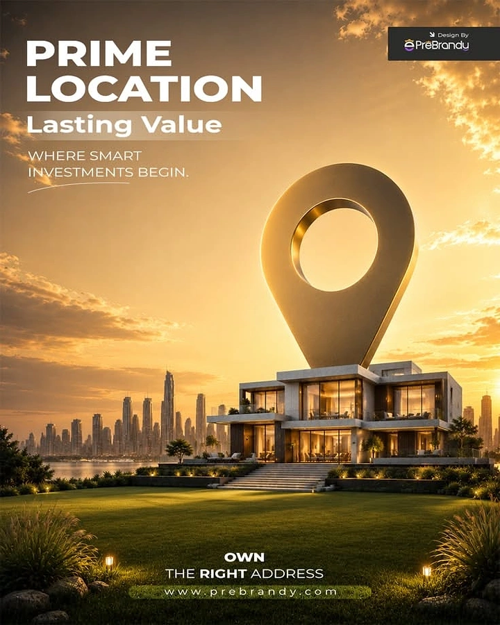 Stock Brokers & Investing creative ad: Giant metallic location pin rising behind a lit modern luxury villa at golden sunset