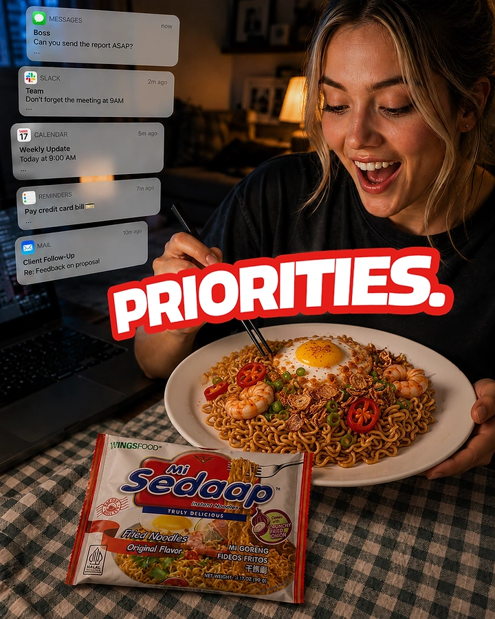 Instant Noodles & Pasta Brands creative ad: relatable priority concept well executed
