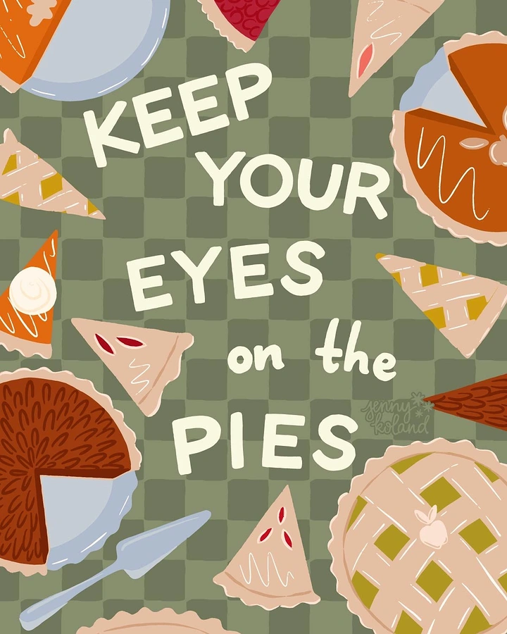 Thanksgiving creative ad: Top-down illustrated pies and slices on a checkered tablecloth